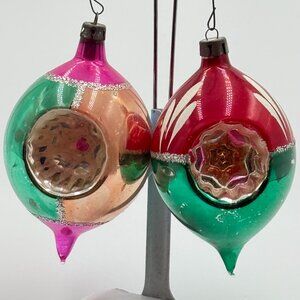 2 VTG MERCURY MICA GLASS INDENT HANDPAINTED CHRISTMAS ORNAMENTS Teardrop Pinks